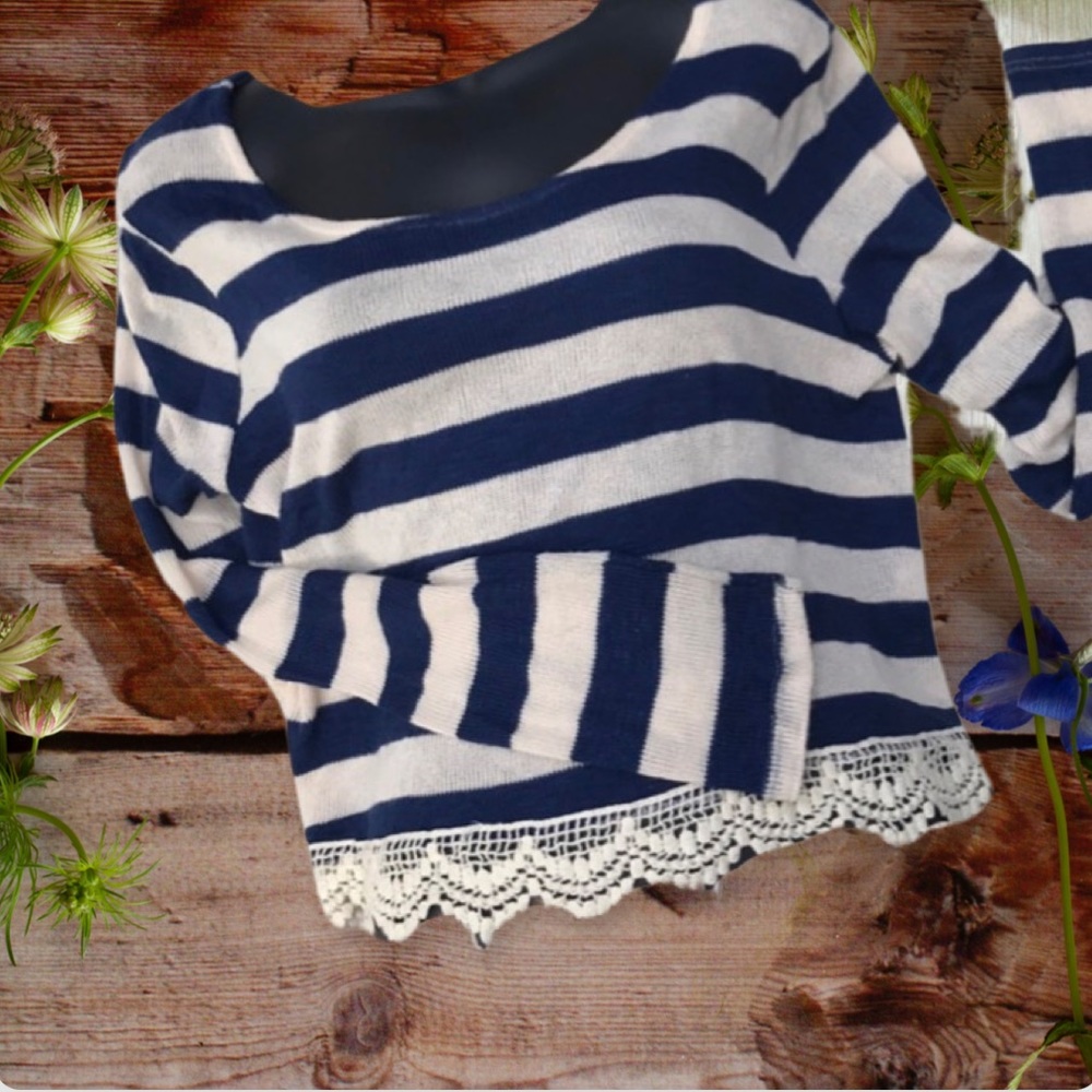 Adorable Blue and cream sweater with lace bottom